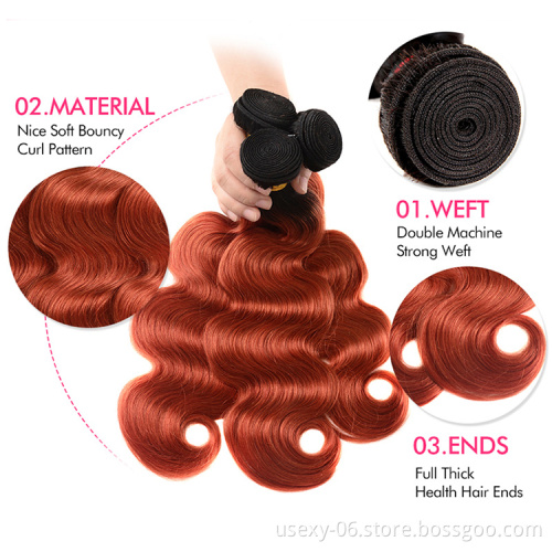 Ombre Weave Bundles With Closure Pre-Colored 1B 350 Burnt Orange Body Wave Virgin Raw Indian Human Hair Bundles